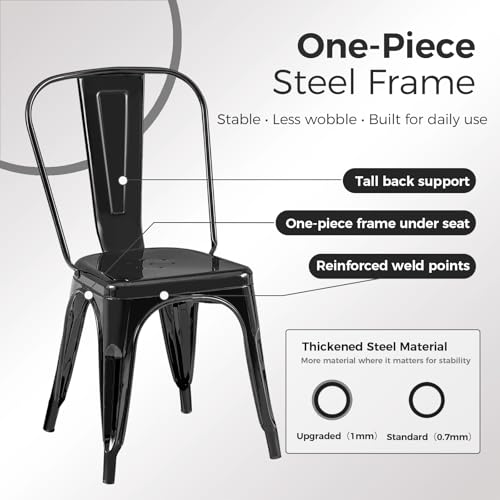 Image of Metal Dining Chairs with Backrest, Stackable, Black, 12 Pack | Easy Assembly, Non-Slip Feet, 330 lb Capacity, Kitchen, Restaurant, Cafe, Pub, Covered Patio