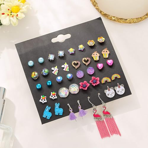 Image of NEWITIN 100 Pairs Colorful Cute Earrings for Girls Sensitive Ears Hypoallergenic Girl Stud Earrings Set Stainless Steel Cartoon Stud for Girls and Women