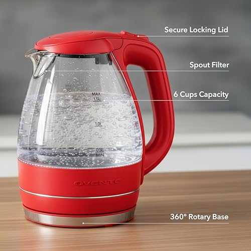 Image of OVENTE Electric Kettle, 1.5L Borosilicate Glass Countertop Water Heater and Boiler for Coffee or Tea, BPA-Free, Auto Shut-Off, Boil-Dry Protection, Removable and Washable Spout Filter, Red KG83R