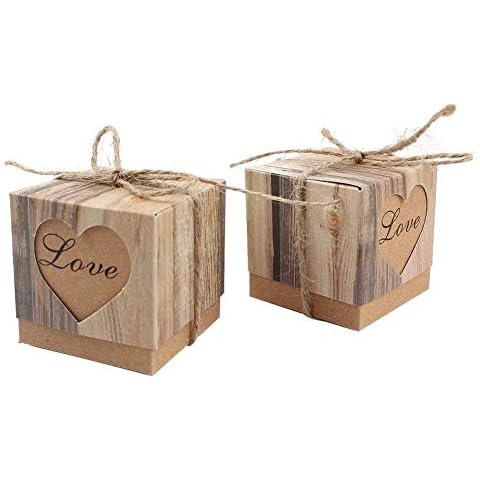 Kaptin 50 Pack Candy Favor Boxes Vintage Kraft Bonbonniere With Burlap Twine, Love Heart Imitation Bark Gift Bag for Wedding Birthday Bridal Party Shower Decoration Cover