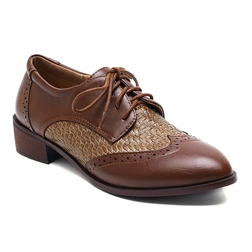 SHEMEE Women's Two Tone Oxfords Saddle Shoes Vintage Perforated Wingtip