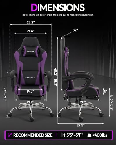 Image of Dowinx Ergonomic Gaming Chair with Footrest & Massage Lumbar, 2D-Linkage Armrests for Computer Chair 330lbs with Headrest Pillow for Office, Home, Streaming and Long Gaming Sessions, Fabric Purple