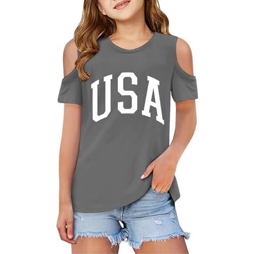 Girls Cold Shoulder T Shirts Kids USA Shirt Letter Print Short Sleeve Graphic Tees Casual Loose Basic Tunic Tops 3-12T