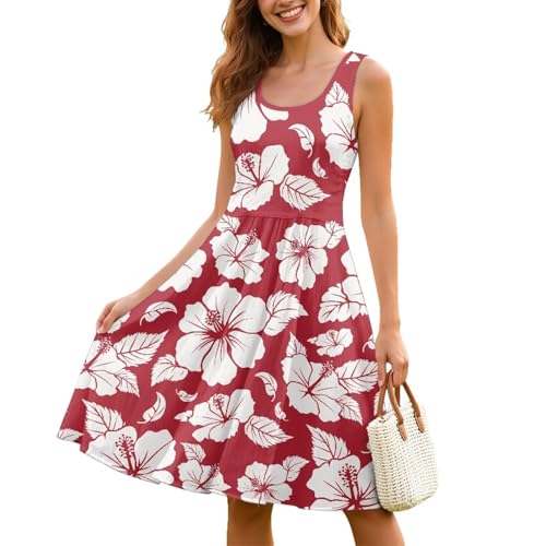 Image of Women Stylish Tank Dresses Sleeveless Round Neck Midi Casual Dress with Pocket for Summer
