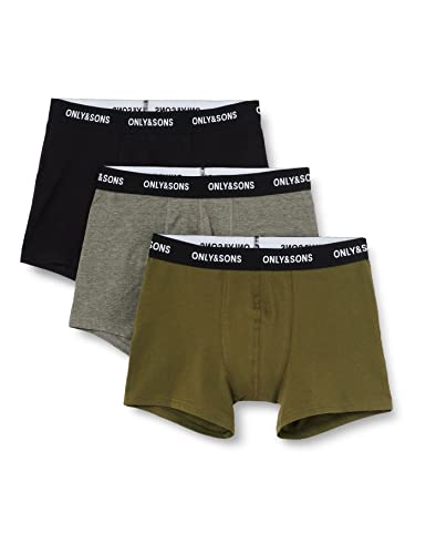 Only & Sons Onsfitz Solid Color Trunk 3pack3856 Noos Calzoncillos bóxer, Olive Night/Pack:Medium Grey Melange + Black, L para Hombre