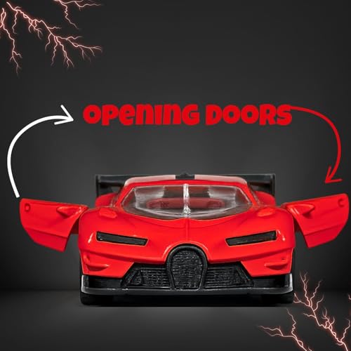 Image of Bugatti Die Cast 1:32 Scale Metal Pull Back Car with Openable Doors | Premium Alloy Toy Vehicle for Kids Boys Girls | Realistic Mini Racing Model Car | Durable Collectible Gift Red