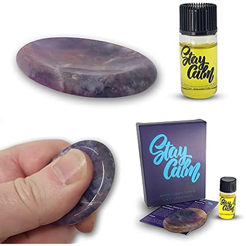 Amethyst Worry Stone & Anxiety Calming Essential Oil with Jasmine, Chamomile, Ylang Ylang, Bergamot & Clary Sage. History & Meaning Card Included. Perfectly Smooth 100% Authentic Palm Thumb Crystal Cover