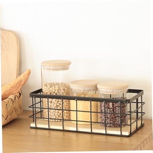 Small Basket,Wire Storage Basket Bins Organizer,Metal Wire Basket Bathroom Detachable Wood Base Storage Organizer Bin Basket for Kitchen Cabinets, Bathroom, Pantry, Garage