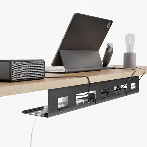PEGZONE Under Desk Cable Management Tray, 31.5 Inches Metal Cord Organizer Rack, Desk Tray for Power Strip, Cord, Wire, Easy Mounting Cable Management Under Table for Home Office, Black