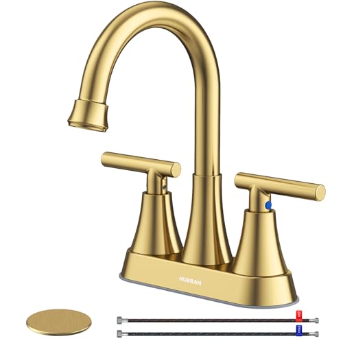 4 inch Brushed Gold Bathroom Sink Faucet with Pop-up Drain and 2 Supply Hoses, Stainless Steel Lead-Free 2-Handle Centerset Faucet for Bathroom Sink Vanity RV
