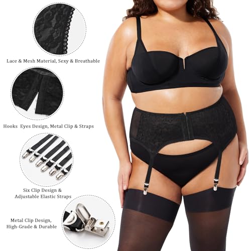 Plus Size Lace Garter Belt with 6 Vintage Metal Clips for Thigh Highs Stockings3