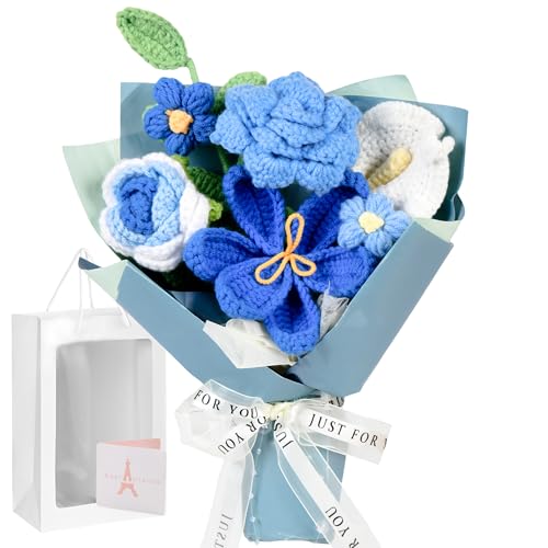 MengxFly Crochet Flower Bouquet Blue, Handmade Knitted Floral Gift for Her