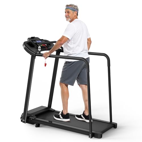 Walking Pad Treadmill for Senior Foldable Exercise Treadmill with Stable and Safe Structural Design Large LED Display for Elderly Long Handrail for Balance 300 Lbs Capacity (Black+Grey)