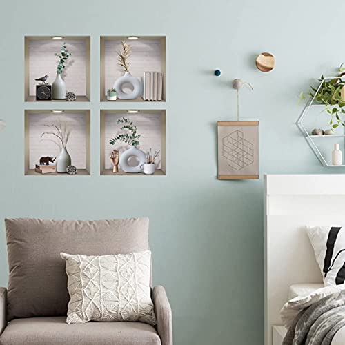 Iarttop 3D Vase Art Magic Wall Decal, Elegant White Vases Wall Sticker, Vintage Green Plants Decals For Dining Room Bedroom, Creative Diy Botanical Living Room Wall Art Mural, Set Of 4 (12”X12”) #TOP1