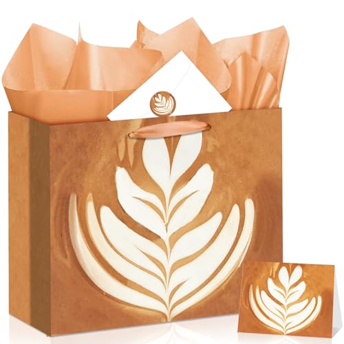 Coffee Latte Art Gift Bag, Warm Cafe Aesthetic All in One Set with Greeting Card, Sticker, Envelope, Tissue Paper, Barista Present Wrap for Birthday Baby Shower Bridal Shower Coffee Lover Gifts