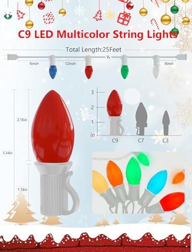 Image of 25Ft C9 LED Christmas Lights Outdoor, Vintage Christmas String Light Plug in with 26 Shatterproof C9 Multicolor Bulbs Christmas Decorations Lights for Christmas Tree Patio Roofline Party, White Wire
