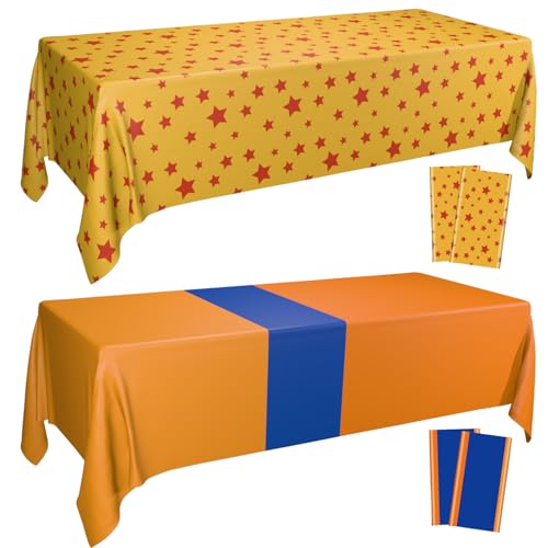 APUXXJUPA Mantel temático de anime, paquete de 4 manteles con estampado naranja y azul con estrellas rojas para decoración de cumpleaños de anime para niños, suministros temáticos de dibujos animados