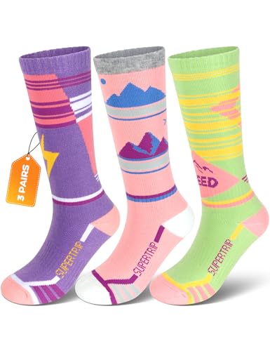 Supertrip 3 Pairs Kids Ski Socks Merino Wool Socks Boys Girls Youth Thick Thermal Winter Cozy Socks for Skiing Snowboarding
