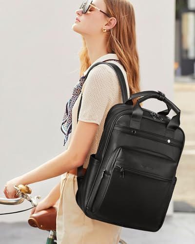 MASINTOR Leather Laptop Backpack for Women, Stylish Computer Backpack College Business Work Shoulder Bags Work and Travel Black2