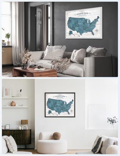 Image of IPIC - Custom USA Map Wall Art, Push Pin Travel Map with Custom Names to Track Your Travels, Vintage Teal Farmhouse Style Framed Canvas Wall Decor for Home, Office or RV, Ready to Hang