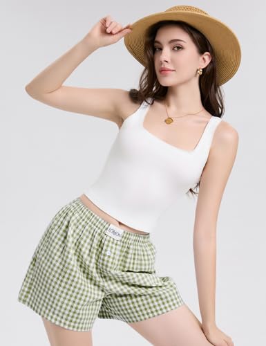 Image of LOMON Boxer Shorts for Women Summer Gingham Pajamas 2026 Lounge Sleep Pj Plaid Shorts Y2K Beach Bottoms with Pockets