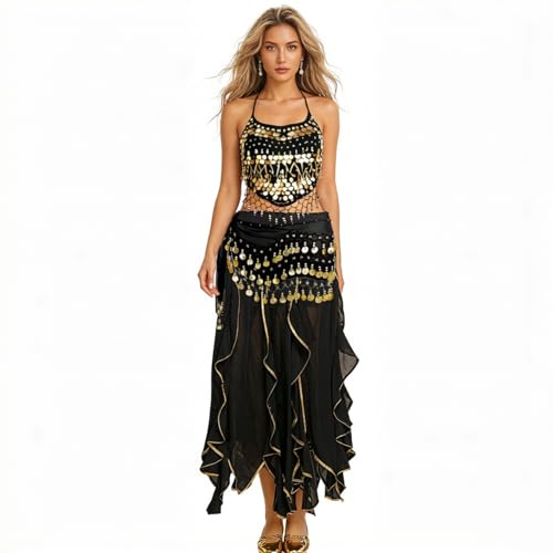 Womens Belly Dance Costumes for Dancer Coins Top Belly Dance Hip Scarf Coins Halloween Belly Dance Chiffon Skirt (Black)