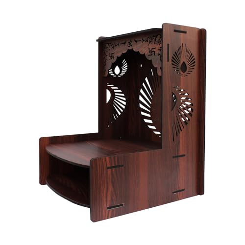 Image of Olive Tree Ethnic Wooden Pooja Mandir for Home Handcrafted Puja Stand | Wall Mounted with LED Spot Light | Mandapam, Pooja Ghar, Temple Office Decor - Walnut Size 12X12X16 Inch 1009