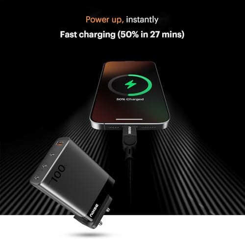 Image of Noise GaN Charger 100W + Type-C to Type-C 100W Braided Cable (1M): 4 Ports (3 USB-C Type, 1 USB-A), Super Fast Charging, Supports All iPhones, Android (Black)