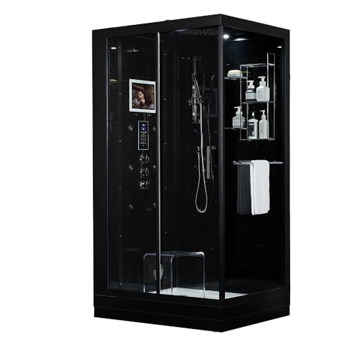 Maya Bath Platinum Lucca Luxury Home Spa Steam Shower & Whirlpool Bathtub | 2-Person (47' x 33' x 88') | 5KW Generator, 6 Massage Jets, 12' Smart TV & Bluetooth (Left Hand Orientation, Black)