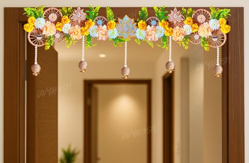 Image of Divyakosh Handmade Flower Toran for Door 40 Inch | Lotus Floral Bandhanwar with Hanging Beads | Door Hanging for Home Entrance | Diwali, Wedding, Festive Decoration | Traditional Indian Wall Decor