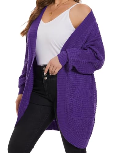 MONNURO Womens Plus Size Open Front Cardigan Waffle Knit Long Sleeve Sweaters Tops Fall Coat Outerwear with Pockets(Dark Purple,3X)3
