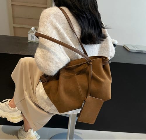 Trendy Faux Suede Shoulder Bag Vintage Pleated Hobo Tote Handbag Medium Underarm Purse Satchel Commuting Travel4