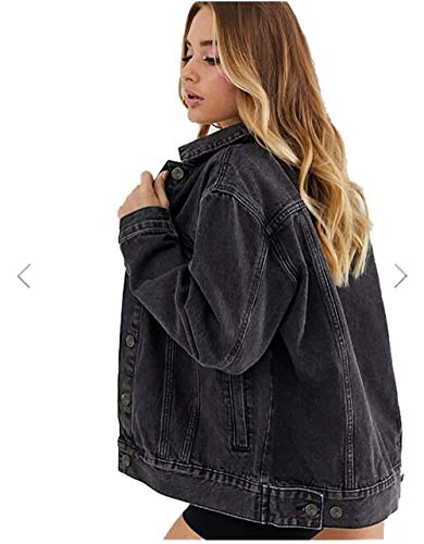 Cantonwalker Women's Oversize Vintage Washed Boyfriend Denim Jacket Long Sleeve Classic Loose Jean Trucker Jacket 003 (Black Washed, L)……