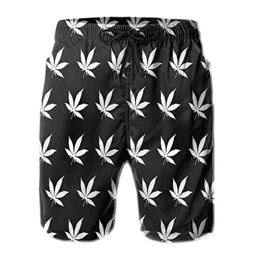 Mens Marijuana Weed Leaf Pattern Swim Trunks Quick Dry Summer Surf Beach Shorts with Pocket Drawstring