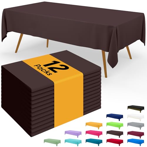 Image of Smiry Disposable Table Cloth - 12 Pack, 54 x 108 Inch Waterproof Rectangle Tablecloths for Parties, Decorative Plastic Table Cover, Leakproof & Sturdy, Coffee
