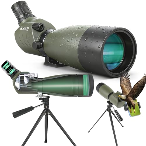 25-75x70 HD Spotting Scope with BAK4 Prism FMC Lens,IPX7 Floating Fully Fogproof Waterproof Spotting Scopes for Target Shooting Birding Wildlife Viewing Hiking,Tripod Phone Adapter Carrying Bag(Green)