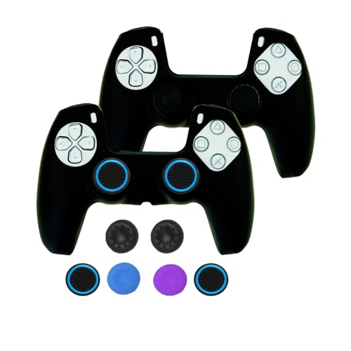 CTHTBZ 2PCS Non-Slip Silicone Case Cover Skin for PS5 Controller, with 6X Thumb Grips Caps(Black)