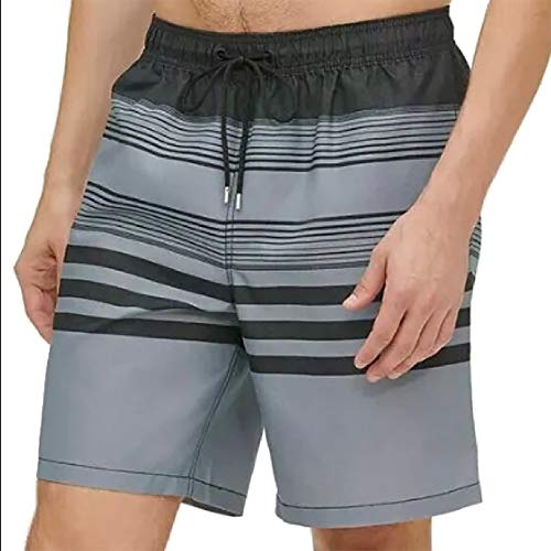 Kirkland Signature Men's Elastic Waistband Mesh Lined Swim Short Trunk (Black Melange Stripe2