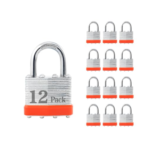 Image of ZonRo Locks Laminated Steel Keyed Padlocks,Keyed Alike Locks, 1-9 /16 inch Wide,Normal Shackle Padlocks, Pack of 12,Orange Hoop, for Hasp Latch, Sheds, Fences, Storage Locker, School, Gym