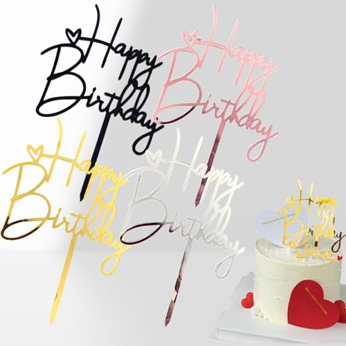JiaaOne 8 Packs Happy Birthday Cake Toppers - Gold, Silver, Black & Rose Gold, Reusable Acrylic Cake Topper, Birthday Cake Decorations for Cupcakes & Party Desserts (14.5x10cm)