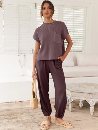 Image of ANRABESS Women's Two Piece Outfits Sweater Sets Knit Pullover Tops and High Waisted Pants Tracksuit Lounge Sets
