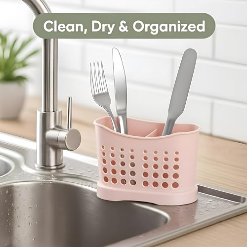 2 Compartments High Grade Plastic Sink Tidy Cutlery Drainer Caddy Holder, Cutlery Holder Utensil Drainer, Spoons & Forks Organizer, Utensil Drainer for Home and Kitchen (Pink - Design 1)