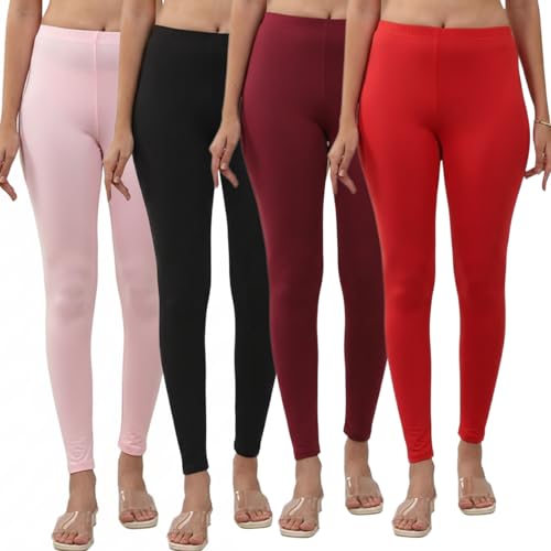 Image of Volex Women and Girls Full Length Leggings | Cotton Spandex /Elastane 4 Way Stretchable | Casual Slim fit Ultra Soft Leggings-Pack of 4