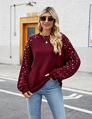 Image of Blooming Jelly Women's Chunky Sweater Crewneck Sweatshirt Knit Lantern Sleeve Oversized Pullover Sweater with Pearls