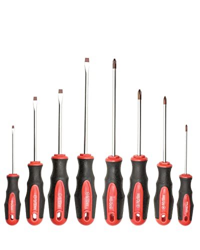 ROTATION 8-Piece Magnetic Screwdrivers Set with red tip, 4 Phillips and 4 Slotted Tips, Professional Cushion Grip Screwdriver Set with High Torque