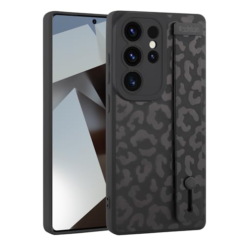 Image of Compatible with Samsung Galaxy S25 Ultra Case with Strap Wrist Black | Cheetah Print Shockproof Soft TPU Protective Cover for Women Girls, Slim Anti Scratch Case 6.9 Inch, Black