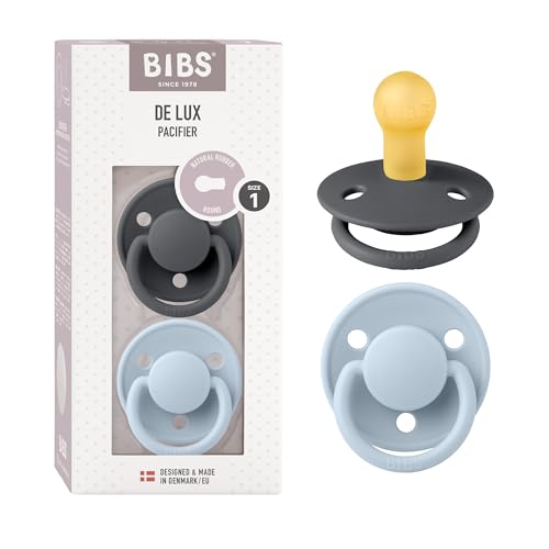 BIBS Pacifiers - De Lux Collection | BPA-Free Baby Pacifier | Made in Denmark | Set of 2 Iron/Baby Blue Color Premium Soothers | Size 0-6 Months