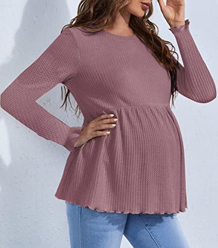 Women's Maternity Waffle Knit Flounce Long Sleeve Peplum Tops Crewneck Babydoll Pregnancy Blouse #TOP4