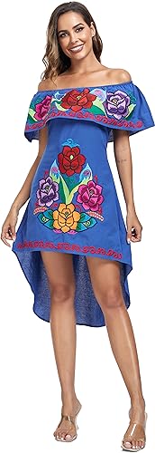 Image of YZXDORWJ Women's Mexican Asymmetrical Dress Embroidered Floral Off-Shoulder Cocktail Latina Fiesta Dress