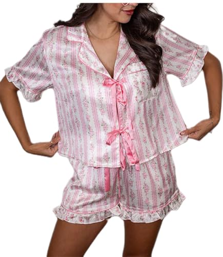 Womens Bow Front Tie Up Pajamas Two Piece Outfit Y2k Floral Martini Coquette Silk Satin Pjs Shirt Shorts Pajama Set